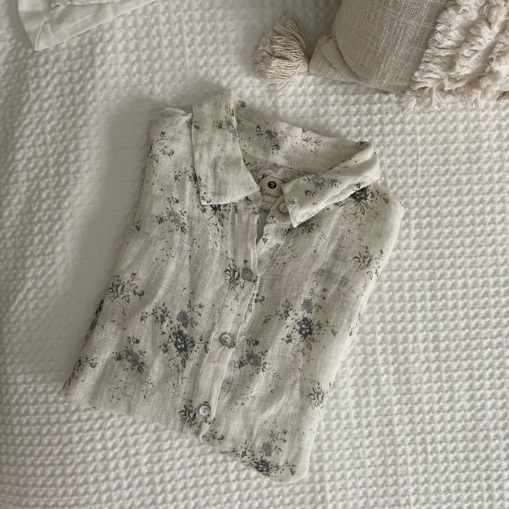 Namsar Floral Button-Up Blouse - Cream and Gray | 100% Linen Gauze